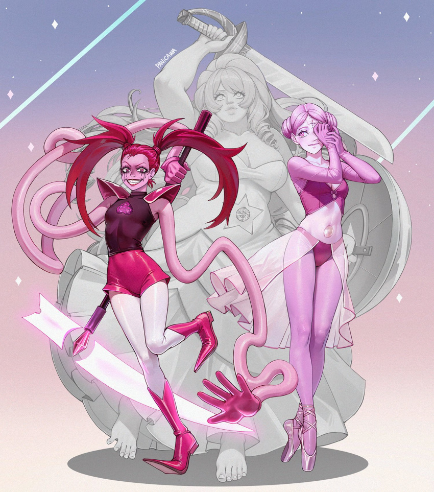 3girls, adelheid_(moschiola), colored_skin, elasticity, extendable_limbs, gem, gem_(steven_universe), gem_rejuvenator