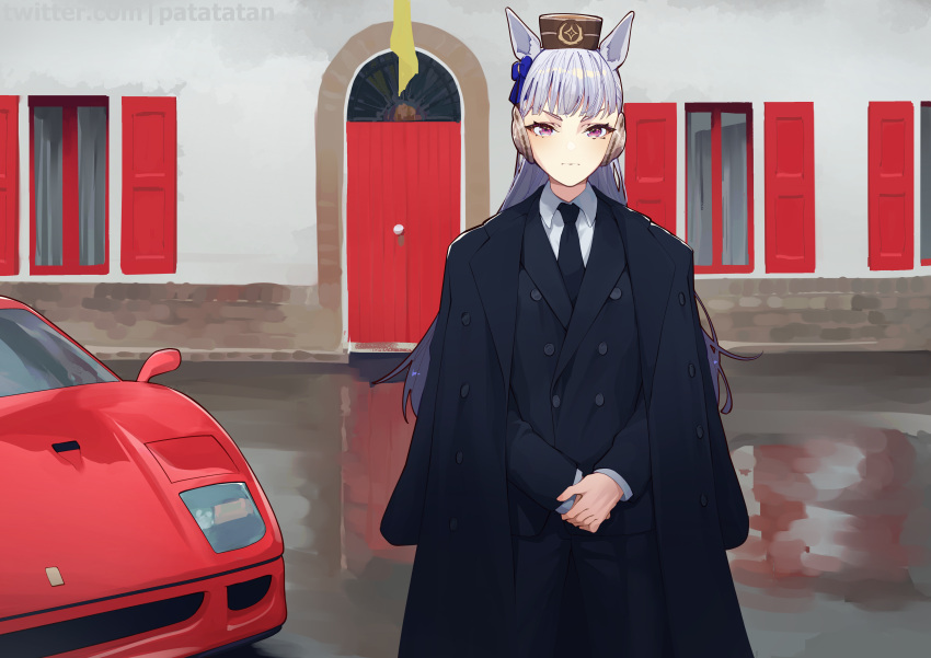 1girl, absurdres, animal_ears, black_coat, black_jacket, black_necktie, black_pants, blue_bow