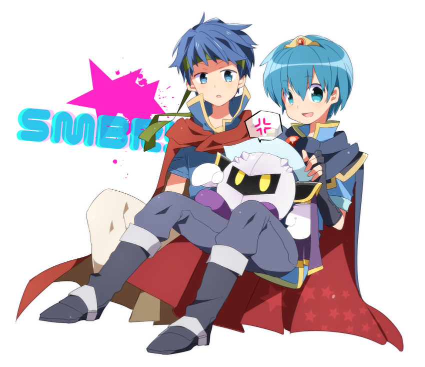 1other, 2boys, angry, blue_hair, cape, dairantou!_smash_brothers_x, fire_emblem, fire_emblem:_mystery_of_the_emblem, fire_emblem:_souen_no_kiseki, gloves, hal_laboratory_inc., headband, hoshi_no_kirby, ike, intelligent_systems, kirby_(series), kirby_(specie), male, marth, mask, meta_knight, nintendo, sa_kuma, smile, sora_(company), super_smash_bros., super_smash_bros_brawl, tiara, yellow_eyes