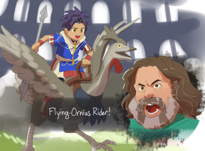 1other, 2boys, bird, blue_hair, blue_hoodie, cai_(fire_emblem), chicken, chicken_jockey_(meme)