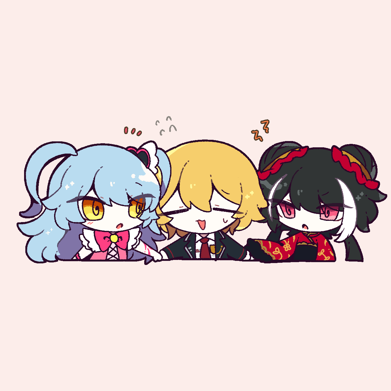 3girls, black_coat, black_dress, black_hair, blonde_hair, blue_hair, bow, bowtie