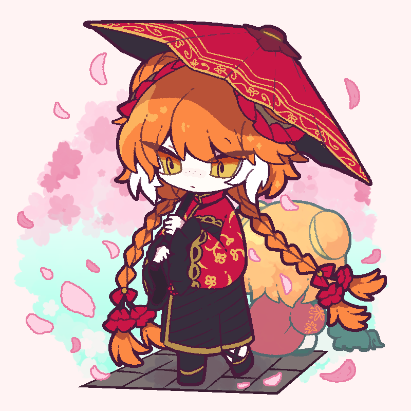 1girl, black_dress, black_shoes, braid, cherry_blossoms, chibi, double_bun, dress
