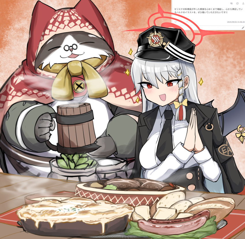 2girls, absurdres, black_necktie, blue_archive, braid, closed_eyes, collared_shirt, crossover