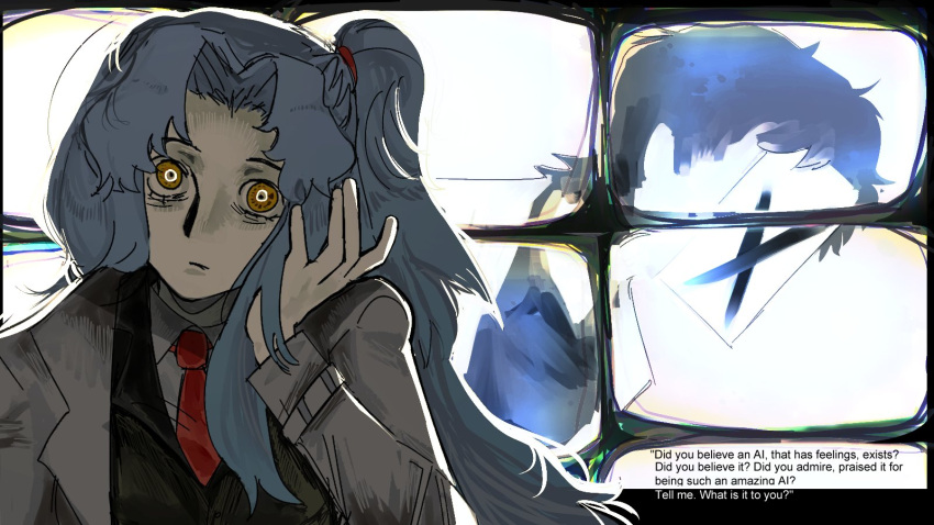 1boy, 1girl, angela_(project_moon), black_border, black_hair, black_vest, blue_hair, border