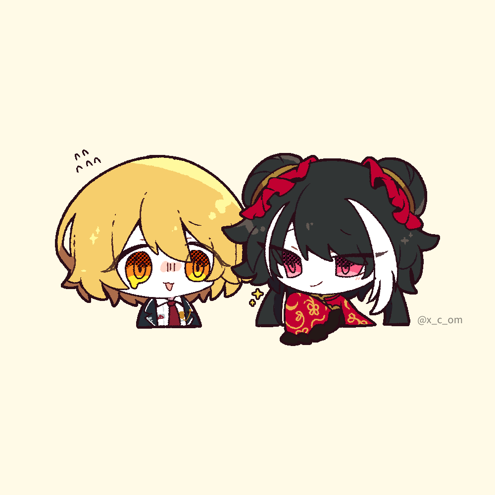 2girls, black_coat, black_hair, blonde_hair, chibi, coat, collared_shirt, don_quixote_(project_moon), double_bun, hair_bun, jia_xichun_(project_moon), limbus_company, long_hair, long_sleeves, looking_at_another, multicolored_hair, multiple_girls, necktie, open_mouth, pink_eyes, project_moon, red_necktie, red_shrug, shirt, short_hair, shrug_(clothing), simple_background, streaked_hair, tearing_up, twintails, upper_body, white_shirt, x_c_om, yellow_background, yellow_eyes