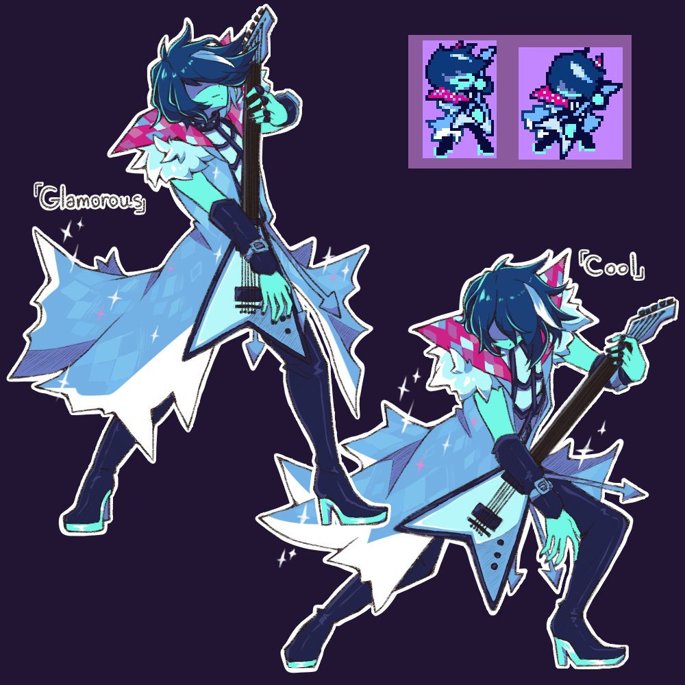 1other, aikecider, arrow_(symbol), blue_hair, blue_skin, closed_mouth, colored_skin, deltarune, electric_guitar, guitar, high_heels, instrument, jacket, kris_(dark_world)_(deltarune), kris_(deltarune), kris_(lightners_live)_(deltarune), outline, screenshot_inset, sleeveless, sleeveless_jacket, sparkling_clothes, utdr_(toby_fox), white_outline