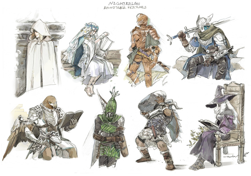 3girls, 5boys, absurdres, animal_head, armor, bird_boy, black_boots, black_capelet