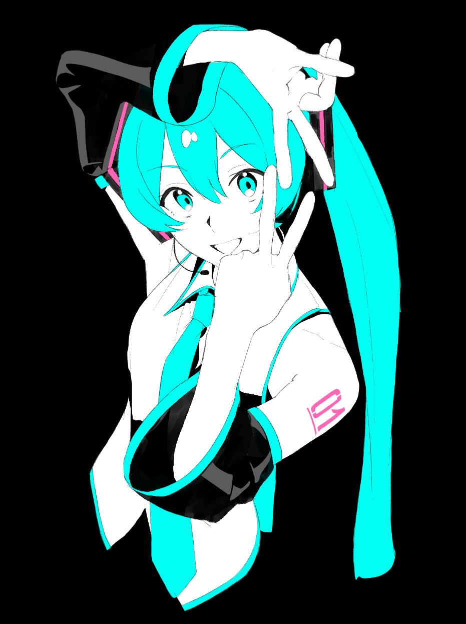 1girl, aqua_eyes, aqua_hair, aqua_necktie, arm_tattoo, arm_up, bare_shoulders, blending, collared_shirt, cropped_torso, detached_sleeves, double_v, hand_up, hatsune_miku, headset, hige_(oekakikujira), highres, long_hair, looking_at_viewer, necktie, open_mouth, shirt, smile, solo, tattoo, twintails, upper_body, v, vocaloid