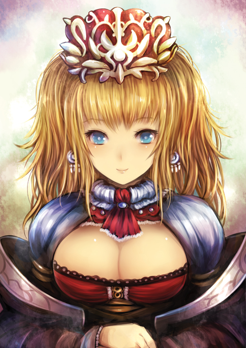 blue_eyes, breasts, bust, cleavage, crown, earrings, jewelry, kara_(color), large_breasts, noble, original, portrait, smile, solo