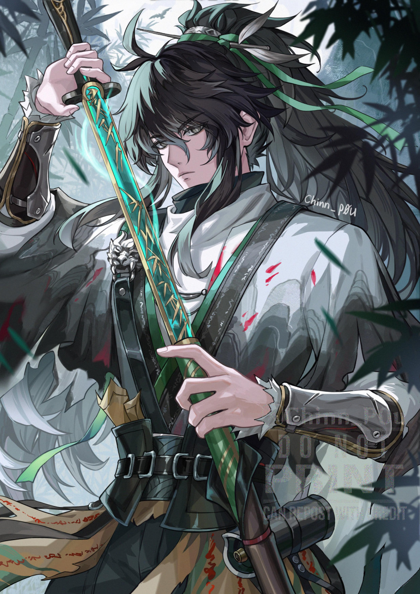 1boy, absurdres, arm_armor, artist_name, black_hair, chinese_clothes, chinnpou, closed_mouth