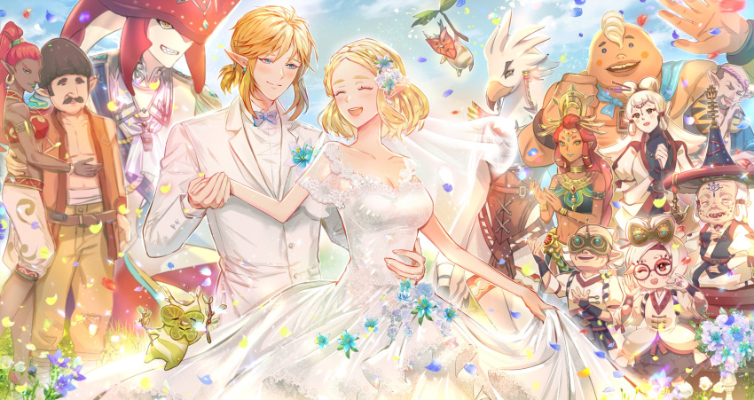 6+boys, 6+girls, alternate_costume, blonde_hair, blue_eyes, blush, bolson_(zelda), bow, bowtie, closed_eyes, creature, dark-skinned_female, dark_skin, dress, gerudo, hashtag-only_commentary, highres, holding_hands, hudson_(zelda), impa, kkamang_egg, korok, link, long_sleeves, looking_at_another, multiple_boys, multiple_girls, old, old_woman, paya_(zelda), petals, pointy_ears, princess_zelda, purah, purah_(young), purple_bow, purple_bowtie, red_hair, rhondson_(zelda), riju, robbie_(zelda), sheikah, sidon, smile, suit, teba_(zelda), the_legend_of_zelda, the_legend_of_zelda:_breath_of_the_wild, the_legend_of_zelda:_tears_of_the_kingdom, wedding, wedding_dress, white_dress, white_suit, yunobo