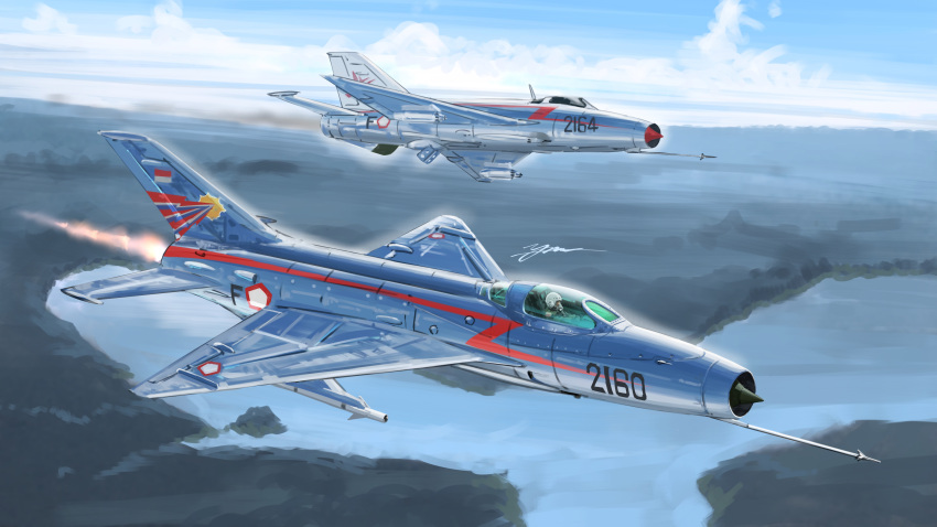 1other, absurdres, afterburner, air-to-air_missile, aircraft, airplane, blue_sky, canopy_(aircraft), clouds, cockpit, commentary_request, day, fighter_jet, flight_suit, helmet, highres, indonesian_air_force, indonesian_flag, k-13_vympel, kudryavka_trop, mig-21, military, military_vehicle, missile, missile_pod, original, outdoors, oxygen_mask, pilot, pilot_helmet, roundel, signature, sky, smoke, vehicle_focus, water