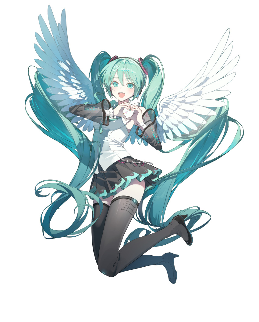 1girl, :d, absurdly_long_hair, absurdres, angel_wings, aqua_eyes, aqua_hair, aqua_nails