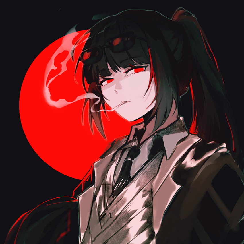 1girl, black_background, black_coat, black_hair, black_necktie, cigarette, coat, collared_shirt