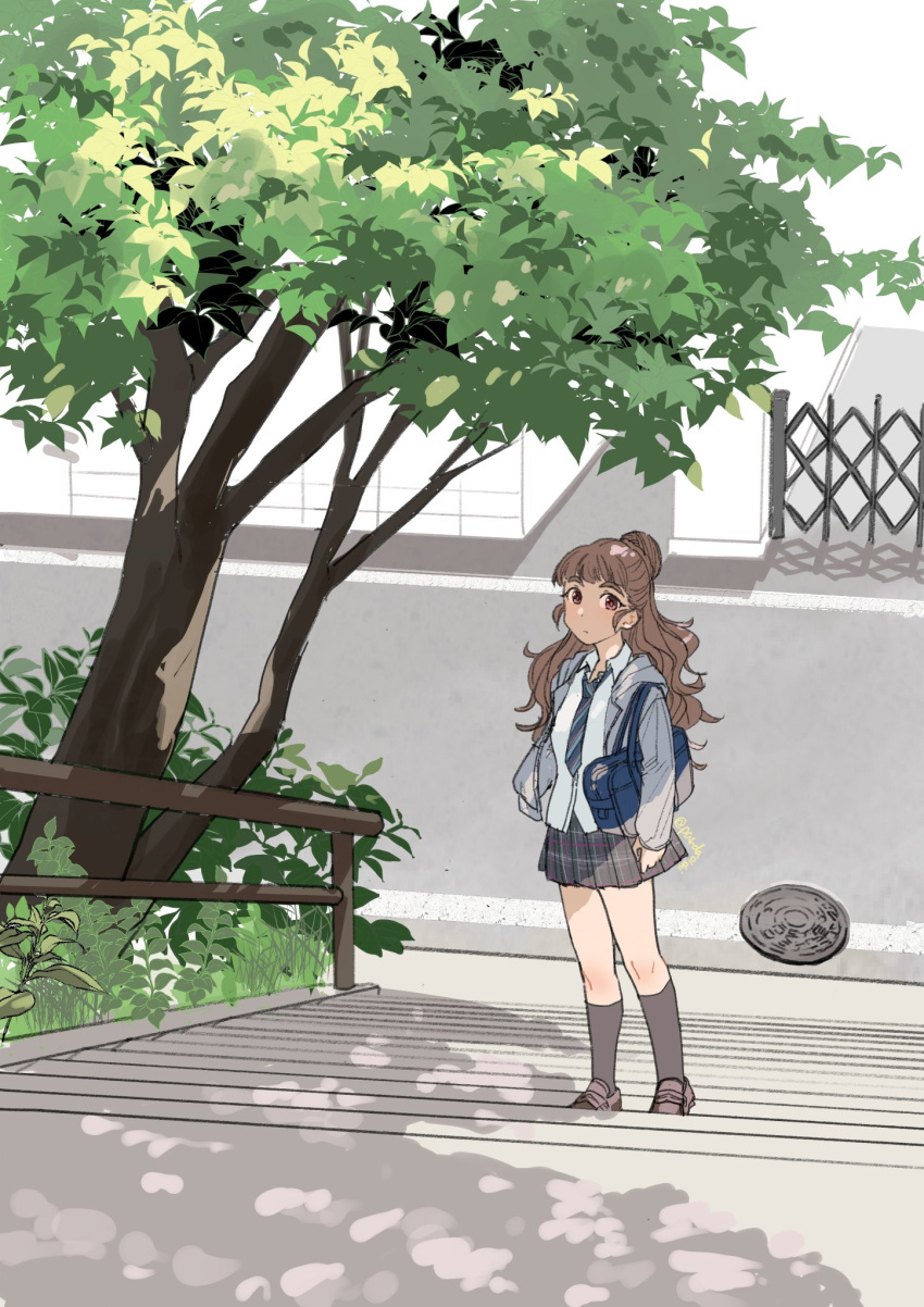 1girl, arm_at_side, artist_name, bag, black_skirt, black_socks, blue_bag, blue_necktie