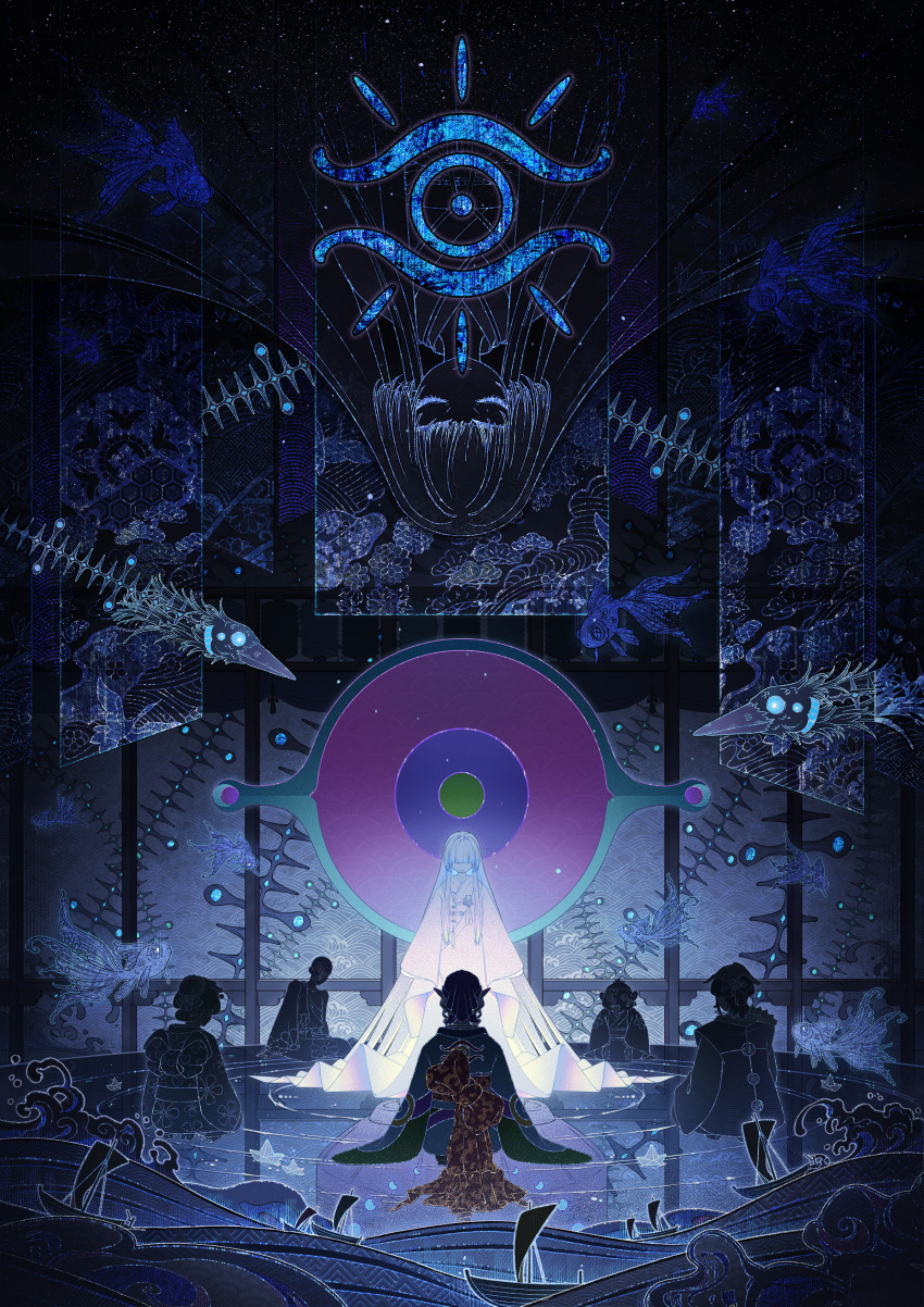 2girls, 4boys, absurdres, back_bow, bandana, boat, bow, closed_eyes, closed_mouth, commentary_request, eye_symbol, eyelashes, fish, flying_fish, genkei_(mononoke), ghost, glowing, hair_over_eyes, highres, japanese_clothes, kayo_(mononoke), kimono, kusuriuri_(mononoke), light_particles, long_hair, looking_at_another, mononoke, multiple_boys, multiple_girls, multiple_views, oyou, pointy_ears, rice-fanfan, ripples, sailboat, seiza, silhouette, sitting, sitting_on_water, sougen_(mononoke), train_(clothing), watercraft, waves, yanagi_genyousai