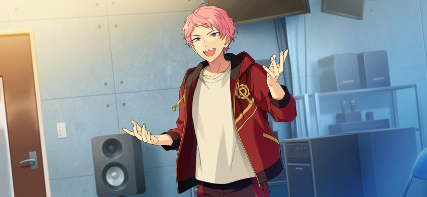 1boy, door, door_handle, drawstring, ensemble_stars!, fingernails, game_cg, gear_print