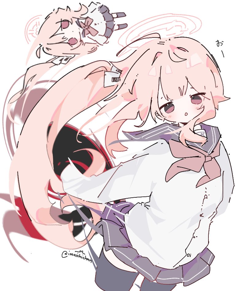 1girl, black_sailor_collar, black_thighhighs, blue_archive, blush, brown_eyes, cardigan, chibi