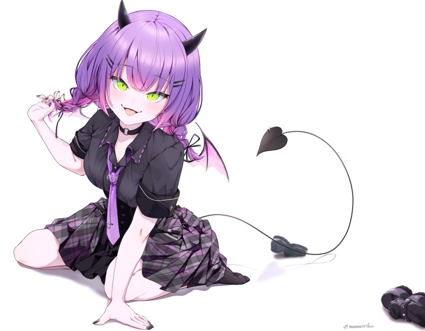 1girl, :p, absurdres, arm_support, black_choker, black_corset, black_horns, black_ribbon