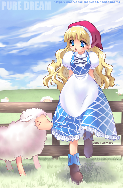>_<, 1girl, 2004, apron, aqua_eyes, archived_source, arms_behind_back, artist_name
