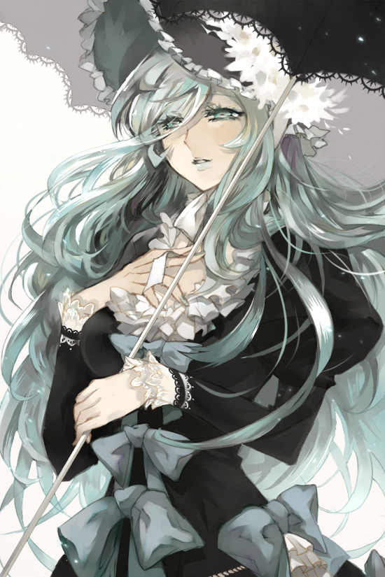 bust, dress, european_clothes, eyelashes, green_eyes, green_hair, hand_on_own_chest, hand_to_chest, lips, long_hair, nail_polish, nod, original, parasol, silver_hair, solo, sword_girls, umbrella, very_long_hair, wavy_hair