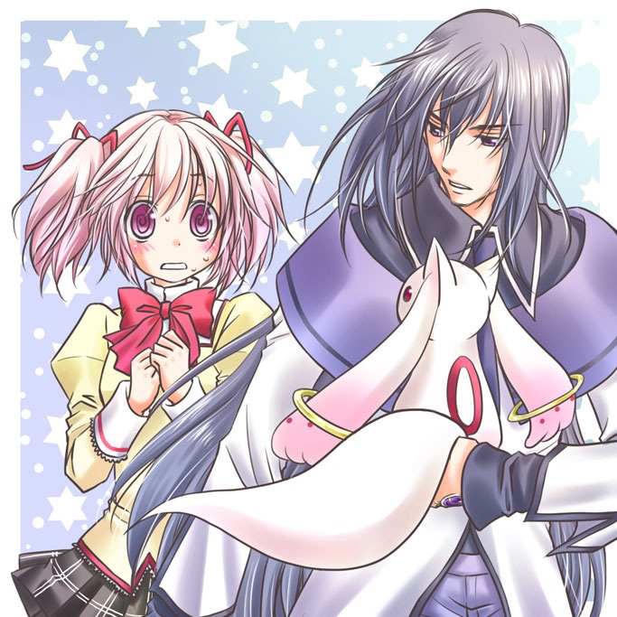 akemi_homura, black_hair, genderswap, hair_ribbon, kaname_madoka, kyubey, long_hair, mahou_shoujo_madoka_magica