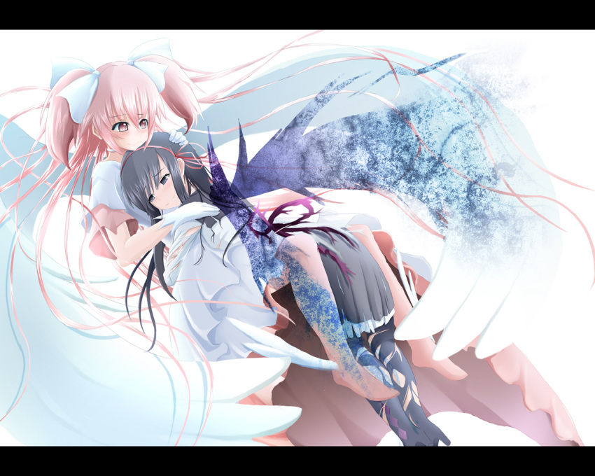 between_legs, black_hair, blush, gloves, goddess_madoka, hug, kaname_madoka, kazuna