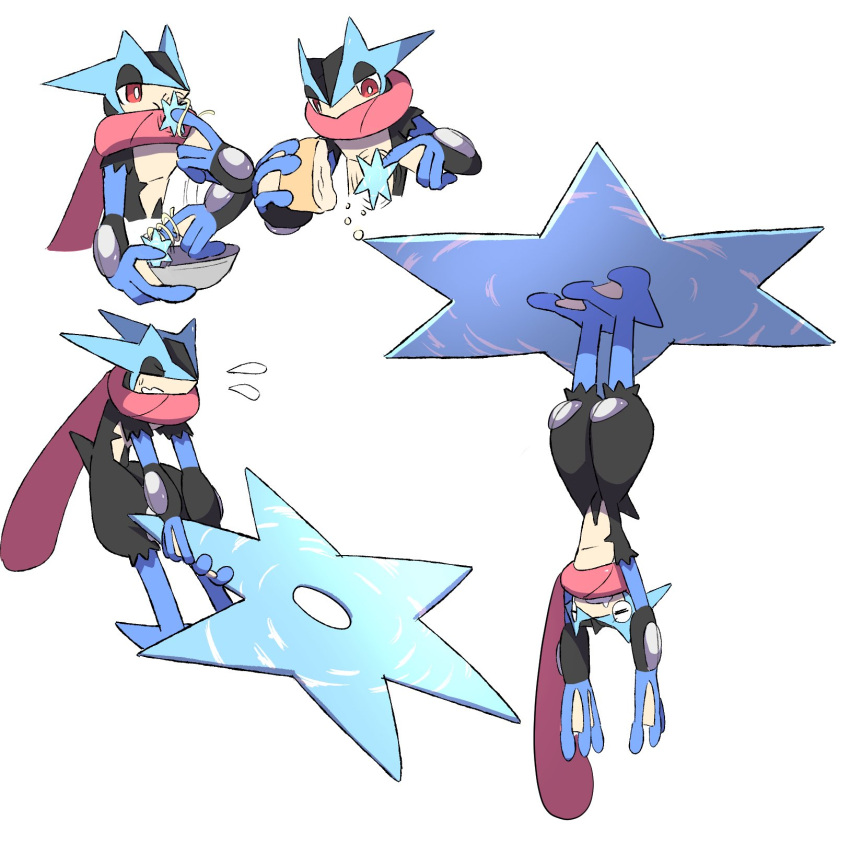 7m2cdmrlghw8ksv, black_skin, blue_skin, colored_skin, frog, greninja, highres, long_tongue, mega_greninja, mega_pokemon, multicolored_skin, multiple_expressions, multiple_views, ninja, pink_eyes, pokemon, pokemon_(creature), pokemon_focus, pokemon_legends:_z-a, shuriken, solo, standing_on_weapon, tongue, tongue_scarf, two-tone_skin, upside-down, very_long_tongue, weapon, webbed_feet