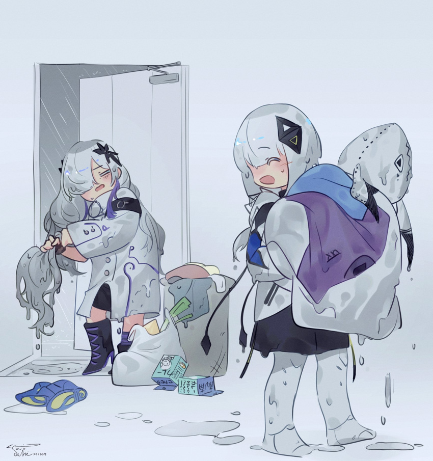 2girls, ^_^, bag, boots, cevio, closed_eyes, coat, commentary