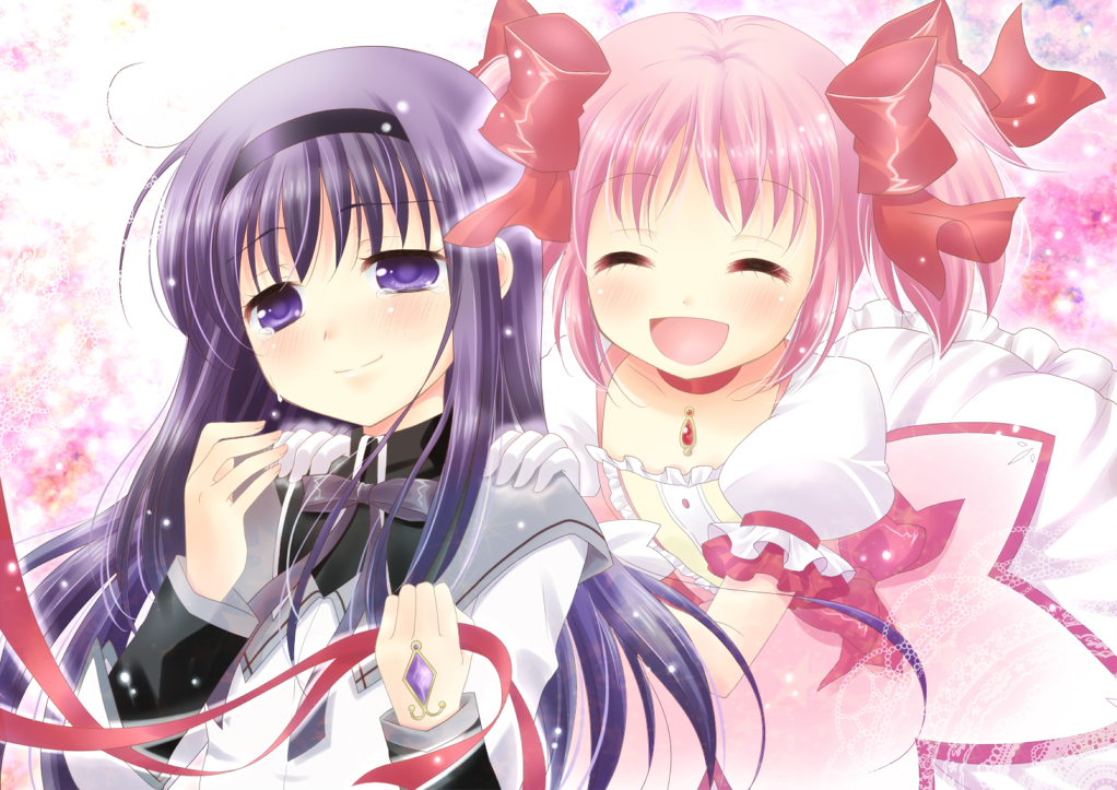 akemi_homura, kaname_madoka, mahou_shoujo_madoka_magica, multiple_girls, ribbon, smile, spoilers, tears