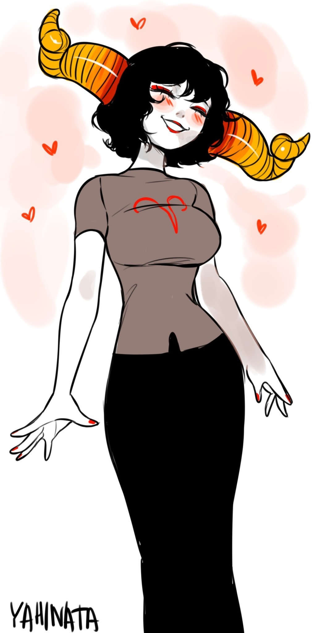 1girl, alien, alternate_design, alternate_hair_length, alternate_hairstyle, alternate_skin_color, aradia_megido, aries_(symbol)