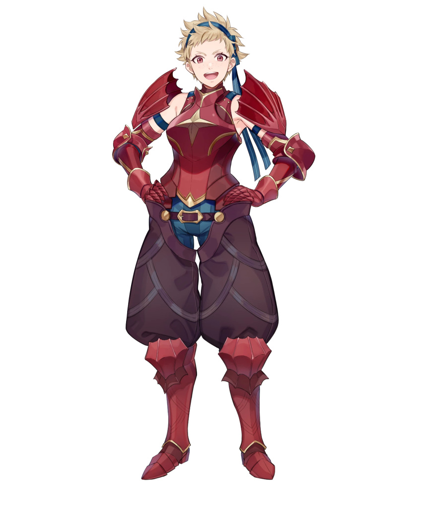 1girl, armor, blonde_hair, fire_emblem, fire_emblem_fates, fire_emblem_heroes, hands_on_own_hips, headband