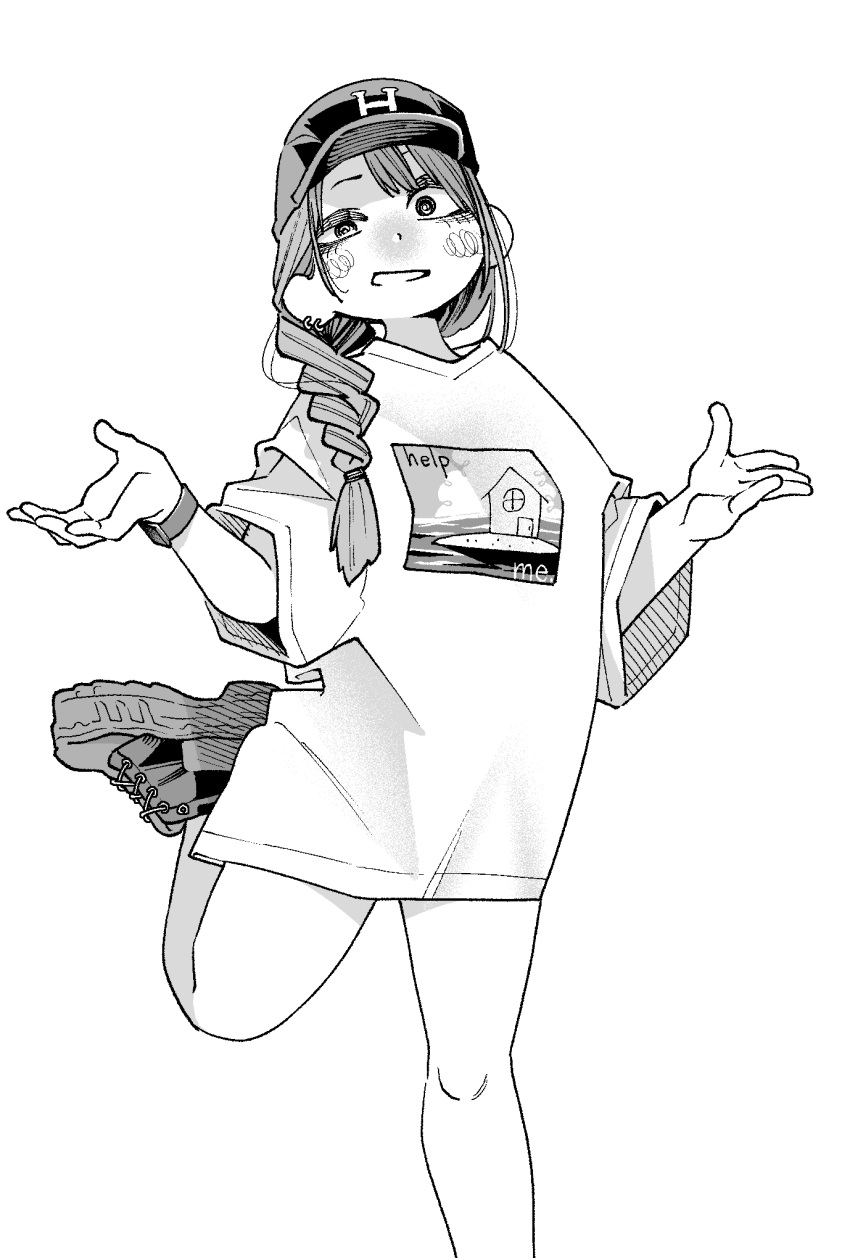 1girl, bare_legs, baseball_cap, blush, braid, earrings, foot_out_of_frame, gavucchi, greyscale, grin, hair_over_shoulder, hair_tie, half-closed_eye, hands_up, hat, hatching_(texture), head_tilt, highres, jewelry, leg_up, linear_hatching, long_hair, looking_at_viewer, monochrome, open_mouth, original, oversized_clothes, oversized_shirt, parted_bangs, print_shirt, raised_eyebrow, shirt, shoes, simple_background, single_braid, smile, sneakers, solo, standing, standing_on_one_leg, three-quarter_sleeves, w_arms, watch, watch, white_background, wide_sleeves