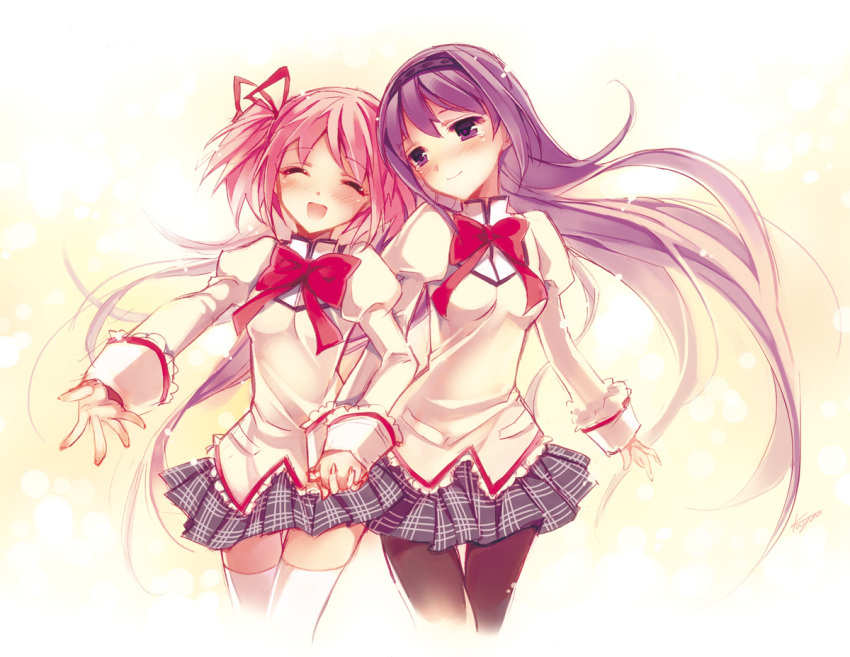 akemi_homura, black_hair, hairband, hand_holding, holding_hands, kaname_madoka, kayou_(artist), long_hair
