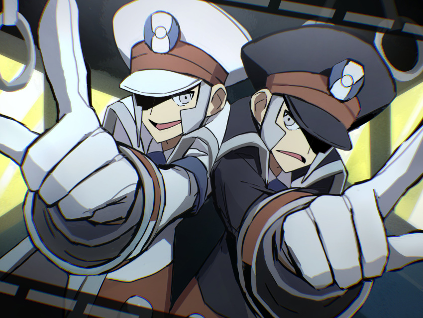 2boys, absurdres, black_coat, black_hair, brothers, coat, emmet_(pokemon), gloves