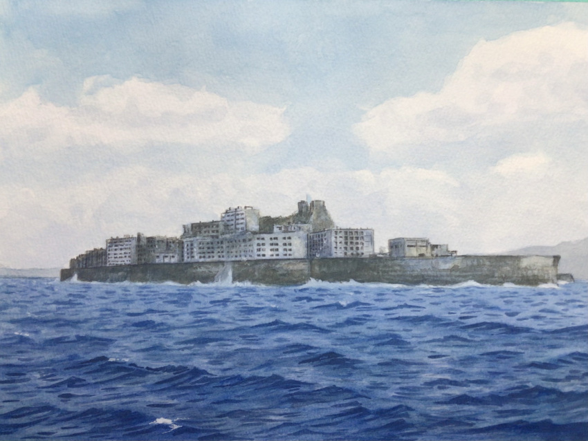 atelier_bono, building, commentary_request, hashima_island, highres, island, no_humans, ocean