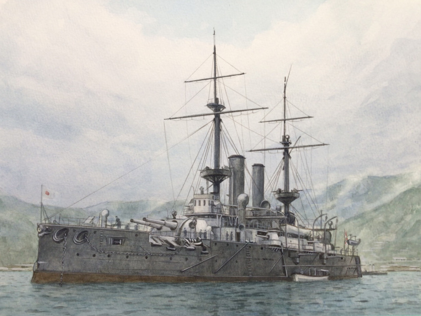 atelier_bono, battleship, cannon, commentary_request, fuji_(battleship), highres, imperial_japanese_navy, japanese_flag