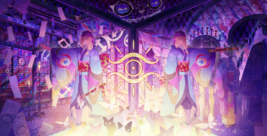 1boy, absurdres, architecture, ayakashi:_japanese_classic_horror, bakeneko_(mononoke), bandana, blank_eyes, blonde_hair