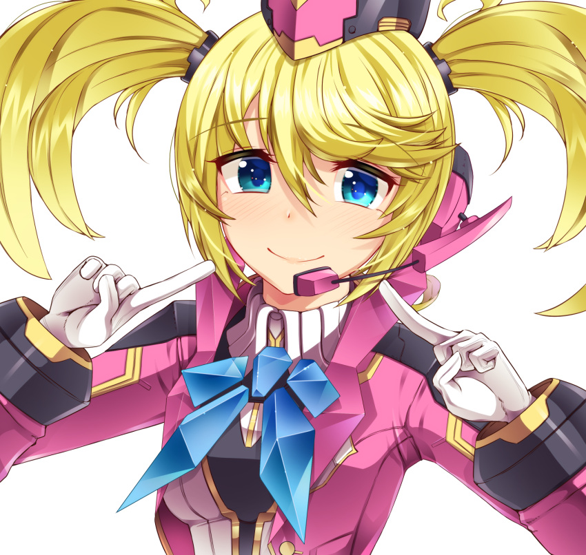 1girl, asakaze_abyss, blazer, blonde_hair, blue_eyes, blush, breasts, gloves, hair_between_eyes, hands_up, hat, headset, highres, jacket, long_sleeves, looking_at_viewer, phantasy_star, phantasy_star_online_2, pink_hat, pointing, pointing_at_self, sidelocks, sierra_(pso2), simple_background, small_breasts, smile, solo, swept_bangs, twintails, white_background, white_gloves