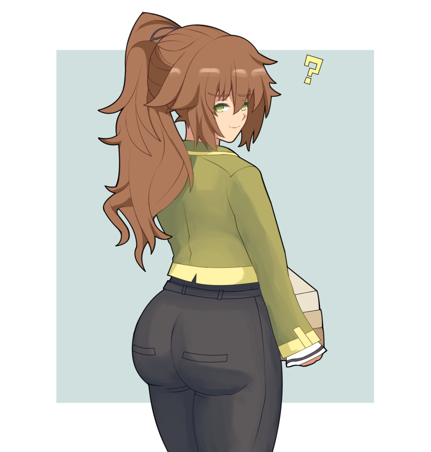 1girl, ?, ass, ass_focus, book, book_stack, border, brown_hair