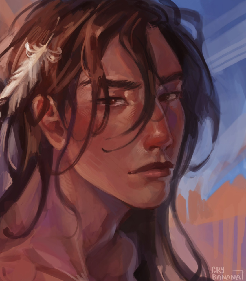 1boy, brown_eyes, brown_hair, closed_mouth, collarbone, crybanana77, feather_hair_ornament, feathers