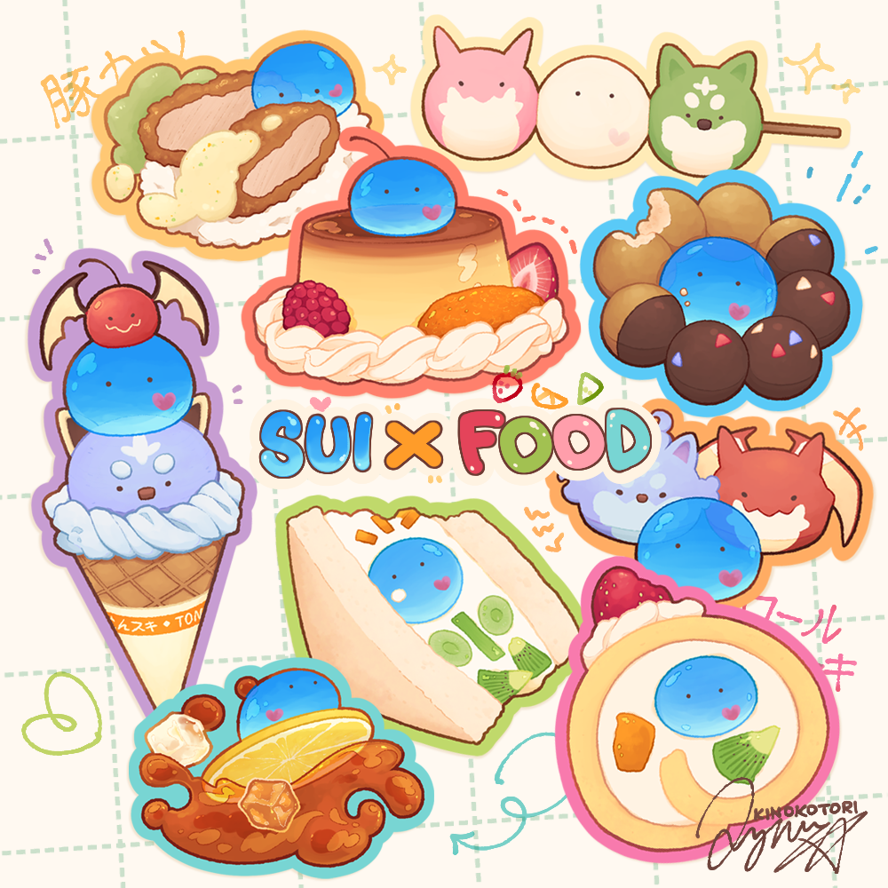 cake, character-themed_food, character_name, dango, dora_(tonsuki), doughnut, dragon, feru_(tonsuki), food, food_focus, fruit, heart, ice_cream, kinokorin, no_humans, outline, pon_de_ring, pudding, strawberry, sugar_cube, sui_(tonsuki), swiss_roll, tondemo_skill_de_isekai_hourou_meshi, wagashi, white_background