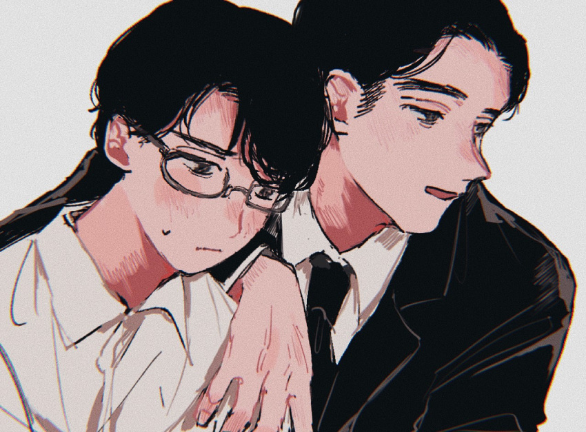 2boys, :/, arm_on_another's_shoulder, black_hair, black_jacket, black_necktie, blush, brown_eyes