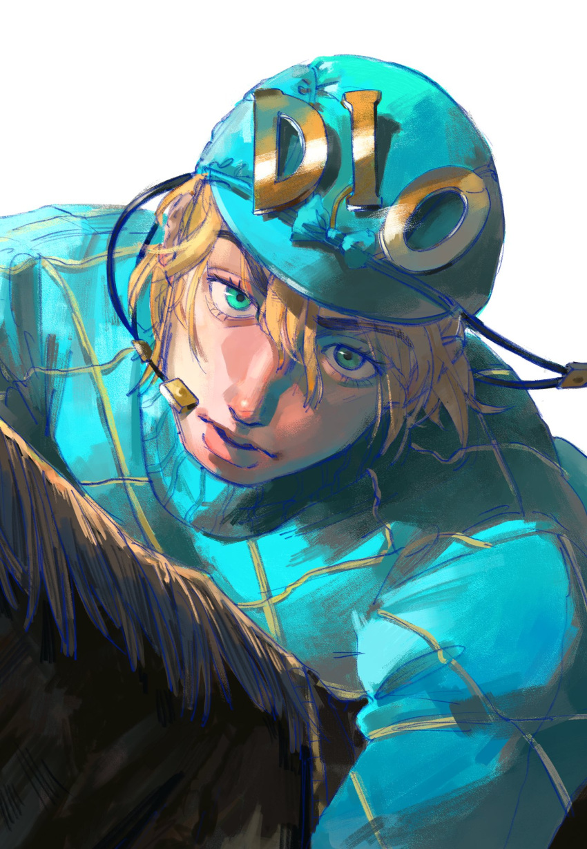 1boy, aqua_eyes, argyle_clothes, argyle_sweater, bishounen, blonde_hair, blue_bow, blue_helmet, blue_sweater, bow, closed_mouth, commentary_request, diego_brando, hair_between_eyes, helmet, highres, horse, horseback_riding, jojo_no_kimyou_na_bouken, long_sleeves, looking_at_viewer, male_focus, masu_zushiumai, riding, short_hair, silver_bullet_(jojo), solo, steel_ball_run, sweater, turtleneck, turtleneck_sweater, white_background