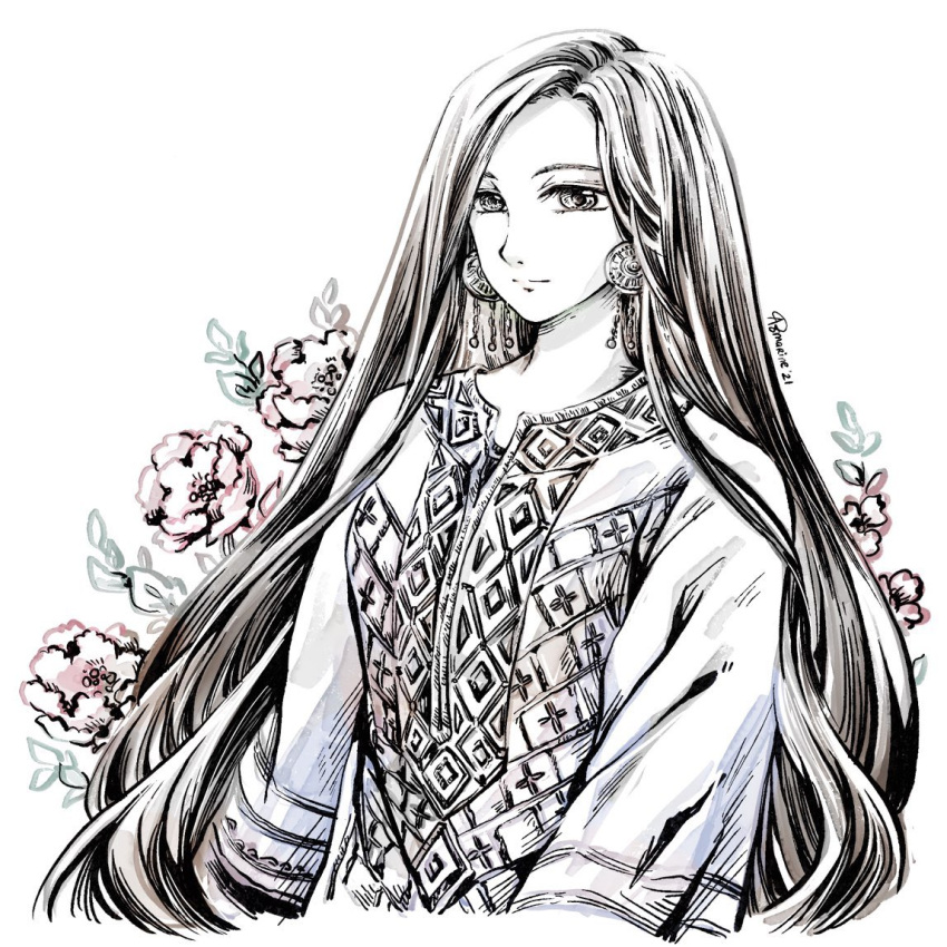 1girl, aomarinesword, arms_at_sides, closed_mouth, earrings, expressionless, flower, greyscale