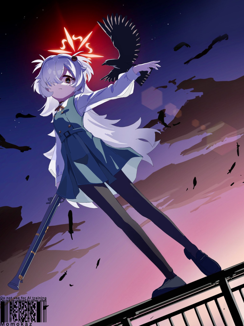 1girl, antique_firearm, bird, black_pantyhose, blue_archive, blunderbuss, brown_eyes, brown_halo