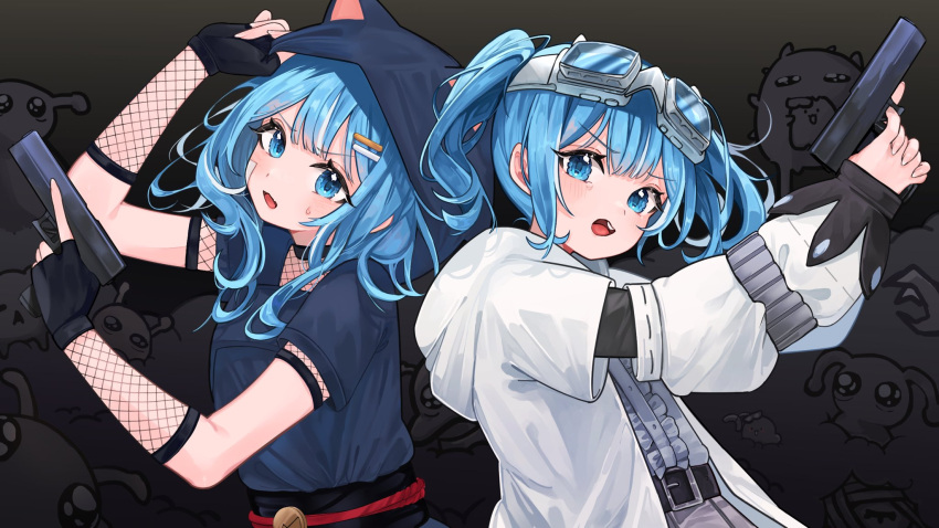 2girls, animal_ear_hood, arahashi_tabi, belt, belt_buckle, black_belt, black_gloves, blue_eyes, blue_hair, buckle, center-flap_bangs, center_frills, clone, coat, commentary_request, creature, dark_background, double-parted_bangs, fingerless_gloves, fishnets, frilled_shirt, frills, gloves, goggles, goggles_on_head, grey_hoodie, grey_shirt, gun, hair_ornament, hairclip, handgun, hands_up, haro_(1026_86), highres, holding, holding_gun, holding_weapon, hood, hoodie, korean_commentary, lab_coat, long_sleeves, looking_at_viewer, medium_hair, multicolored_hair, multiple_girls, open_clothes, open_coat, open_mouth, parallel_hairclips, shirt, short_sleeves, stellive, streaked_hair, sweat, upper_body, v-shaped_eyebrows, virtual_youtuber, weapon, white_coat, white_streaks