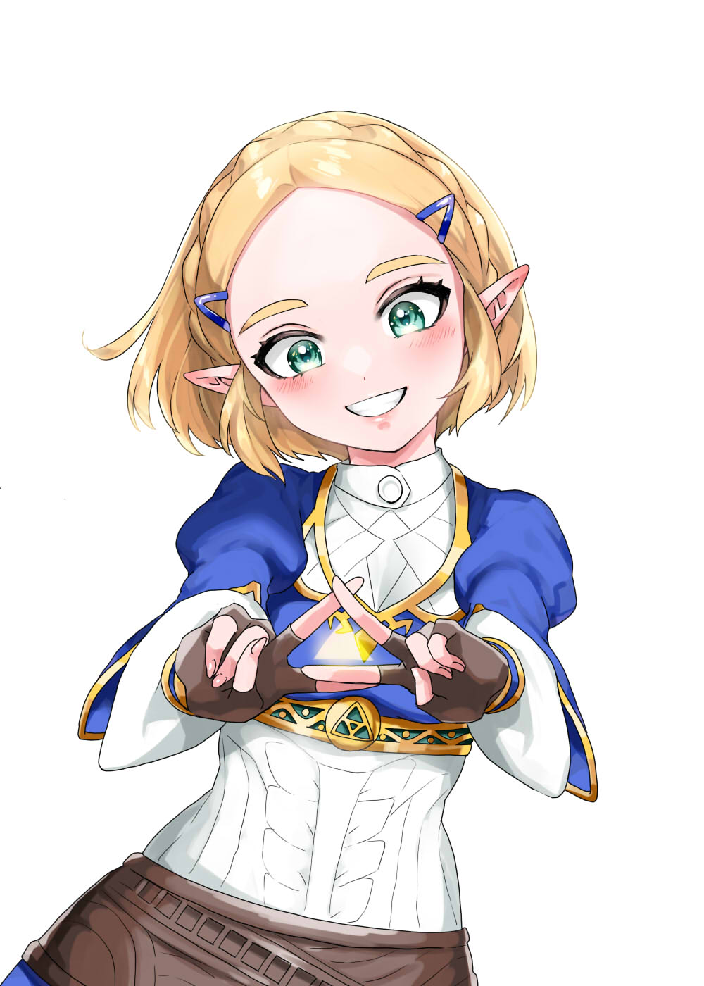 1girl, blonde_hair, blue_shirt, braid, brown_gloves, commentary_request, crown_braid, fingerless_gloves