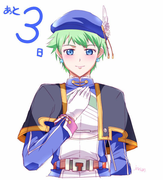 1girl, artist_name, beret, blue_eyes, blue_hat, capelet, countdown, earrings