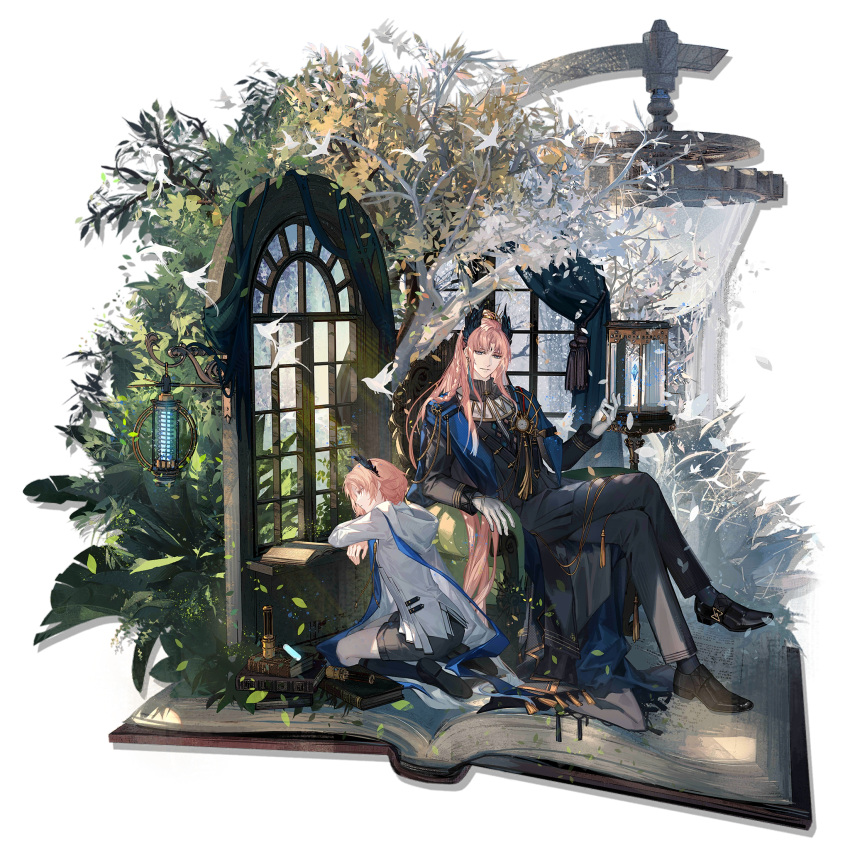 2boys, against_windowsill, age_comparison, aged_down, arknights, armchair, bird, bird_boy